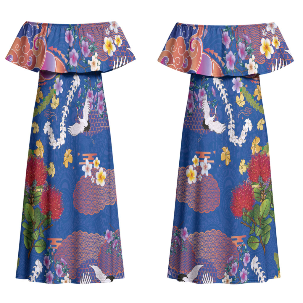 Hawaiian and Japanese Culture Together Family Matching Off Shoulder Maxi Dress and Hawaiian Shirt Kakau Tribal Pattern and Irezumi Art Blue Color