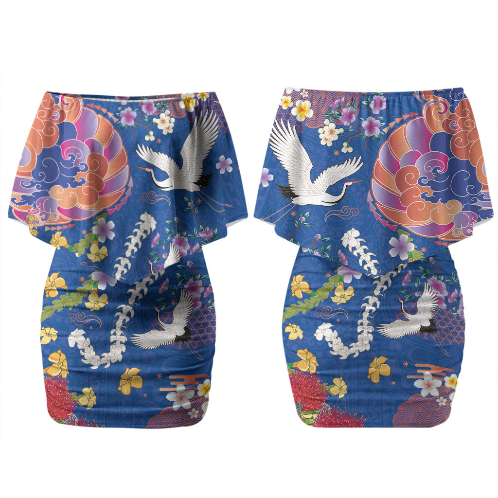 Hawaiian and Japanese Culture Together Family Matching Off Shoulder Short Dress and Hawaiian Shirt Kakau Tribal Pattern and Irezumi Art Blue Color