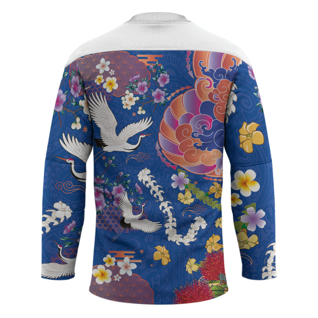 Hawaiian and Japanese Culture Together Hockey Jersey Kakau Tribal Pattern and Irezumi Art Blue Color
