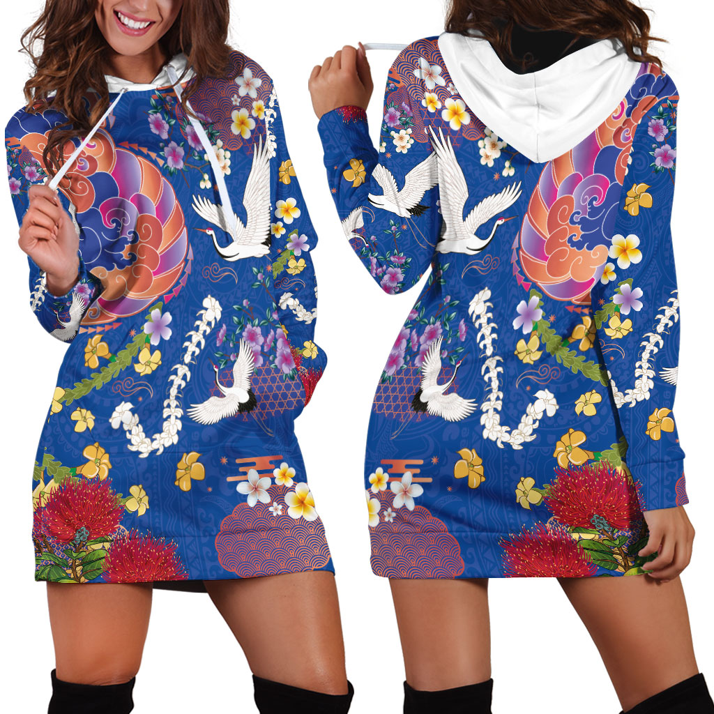 Hawaiian and Japanese Culture Together Hoodie Dress Kakau Tribal Pattern and Irezumi Art Blue Color LT03 - Polynesian Pride