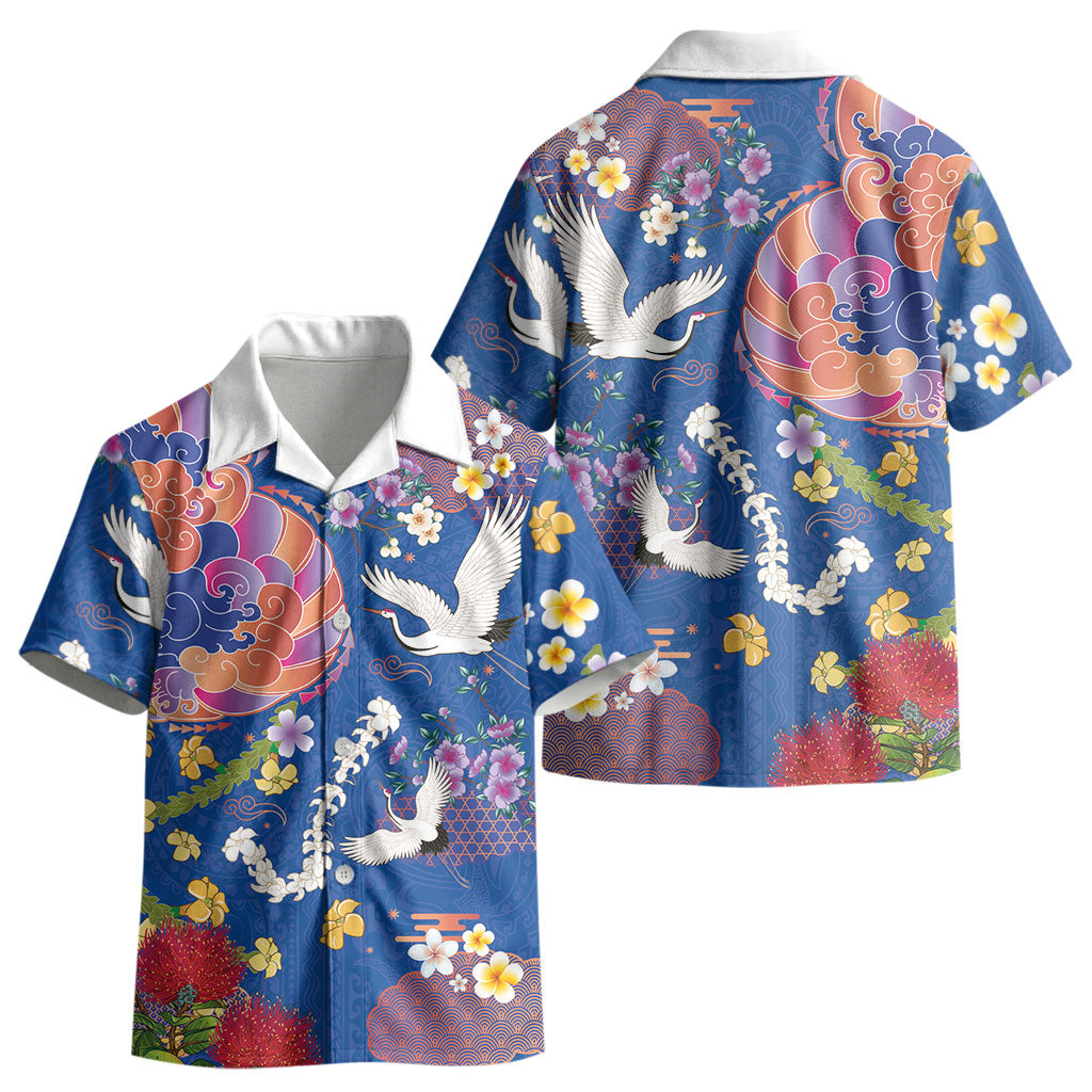 Hawaiian and Japanese Culture Together Kid Hawaiian Shirt Kakau Tribal Pattern and Irezumi Art Blue Color