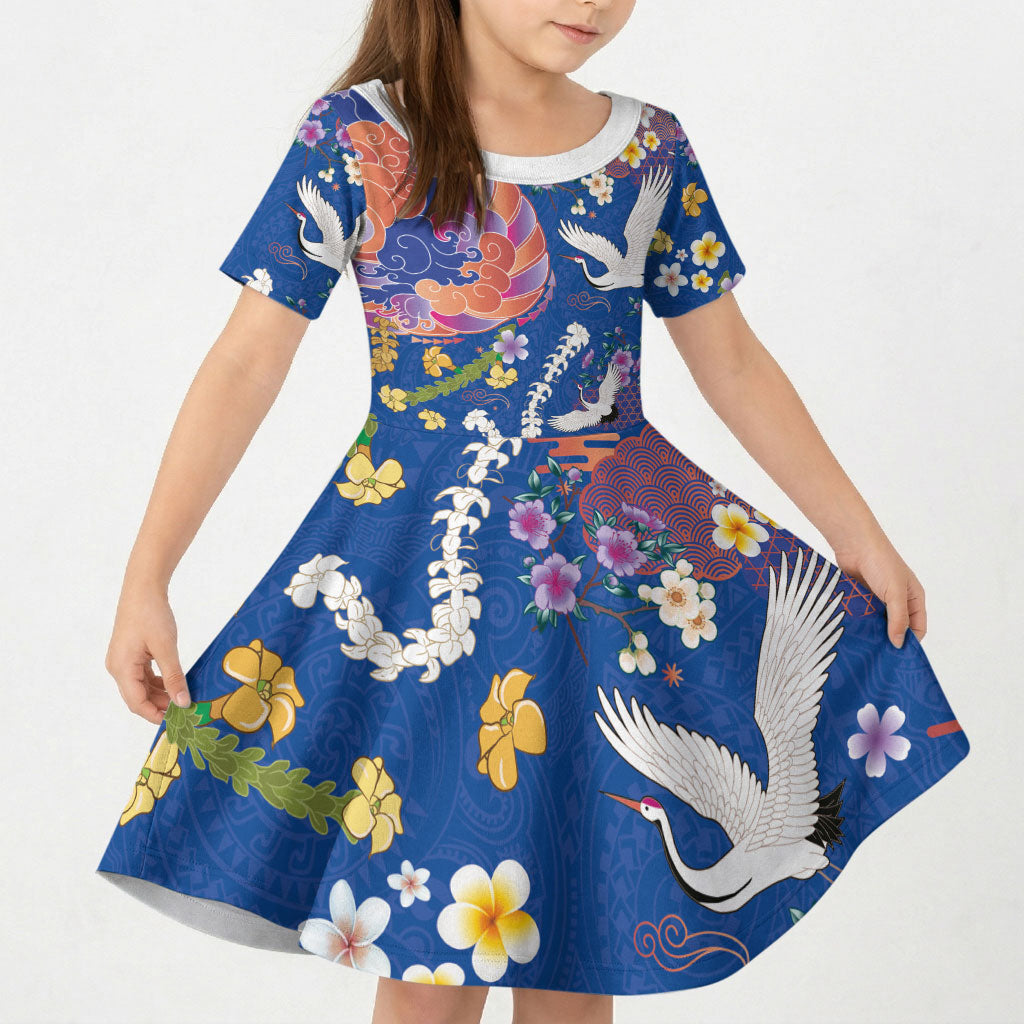 Hawaiian and Japanese Culture Together Kid Short Sleeve Dress Kakau Tribal Pattern and Irezumi Art Blue Color