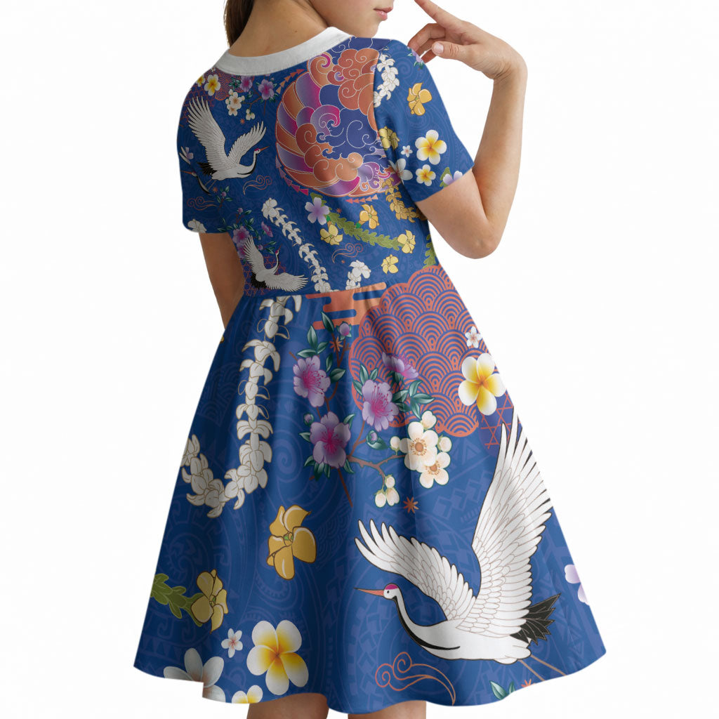 Hawaiian and Japanese Culture Together Kid Short Sleeve Dress Kakau Tribal Pattern and Irezumi Art Blue Color