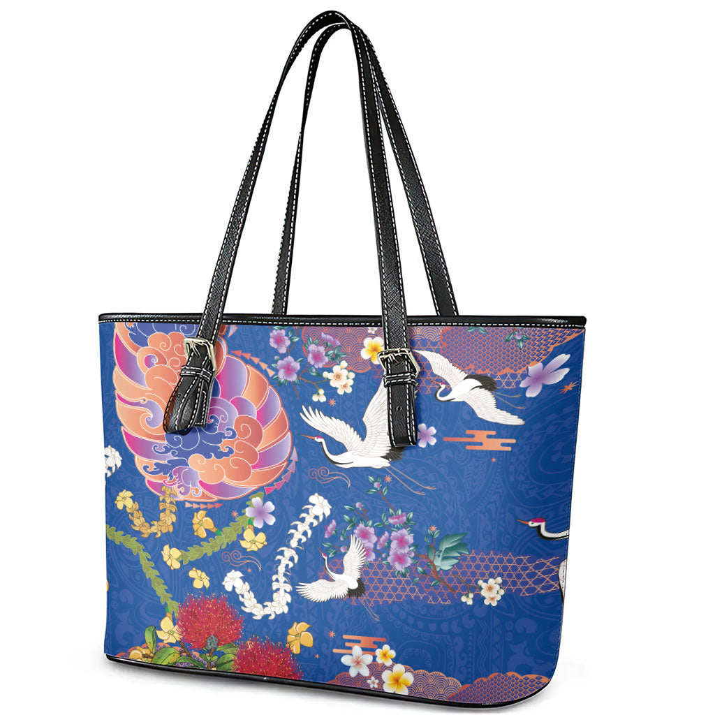Hawaiian and Japanese Culture Together Leather Tote Bag Kakau Tribal Pattern and Irezumi Art Blue Color