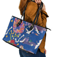 Hawaiian and Japanese Culture Together Leather Tote Bag Kakau Tribal Pattern and Irezumi Art Blue Color