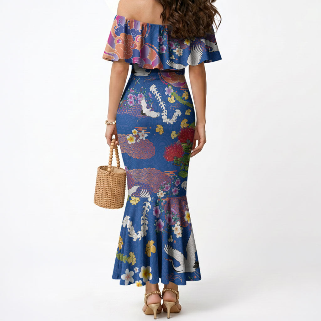 Hawaiian and Japanese Culture Together Mermaid Dress Kakau Tribal Pattern and Irezumi Art Blue Color