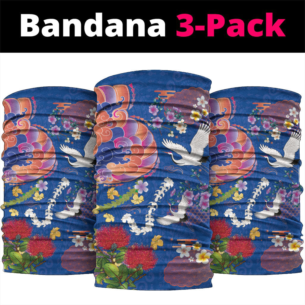 Hawaiian and Japanese Culture Together Neck Gaiter Kakau Tribal Pattern and Irezumi Art Blue Color