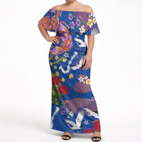 Hawaiian and Japanese Culture Together Off Shoulder Maxi Dress Kakau Tribal Pattern and Irezumi Art Blue Color