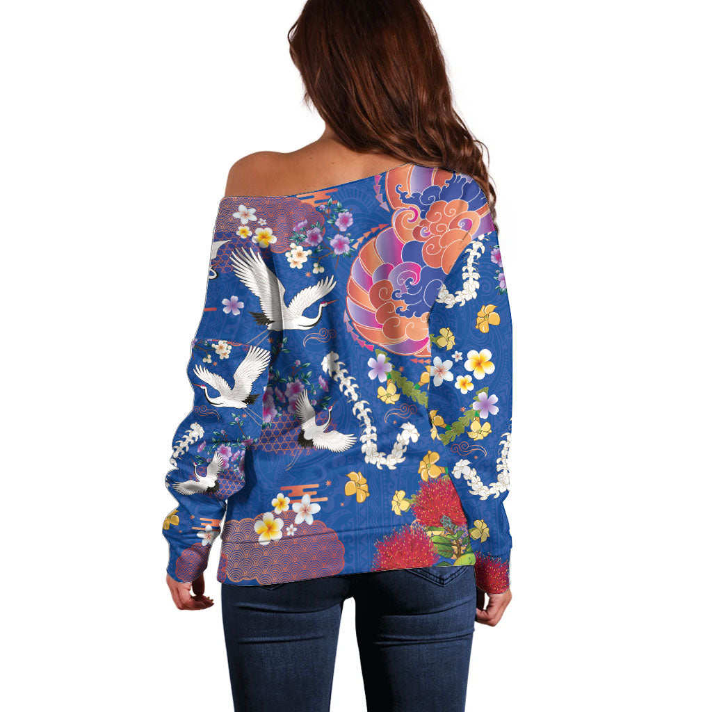Hawaiian and Japanese Culture Together Off Shoulder Sweater Kakau Tribal Pattern and Irezumi Art Blue Color