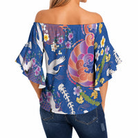 Hawaiian and Japanese Culture Together Off Shoulder Wrap Waist Top Kakau Tribal Pattern and Irezumi Art Blue Color LT03 - Polynesian Pride