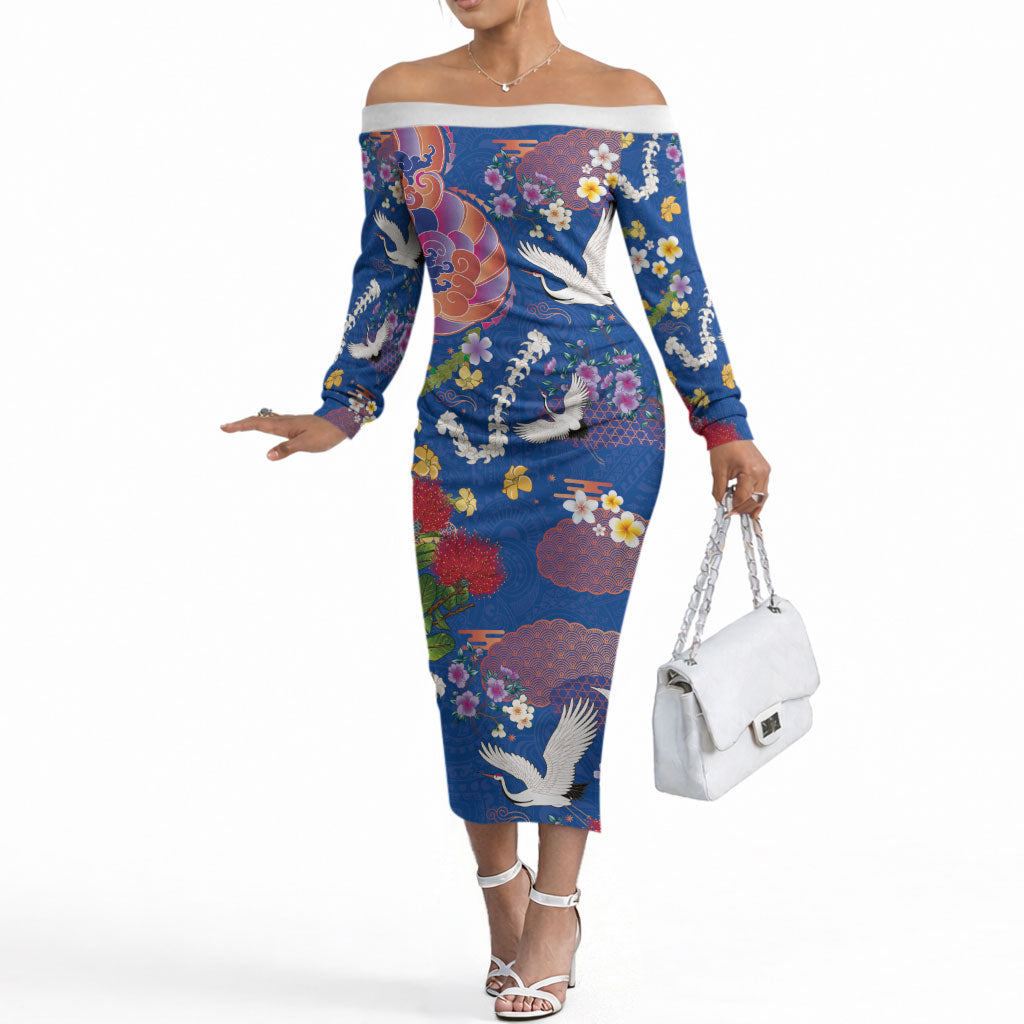 Hawaiian and Japanese Culture Together Off The Shoulder Long Sleeve Dress Kakau Tribal Pattern and Irezumi Art Blue Color
