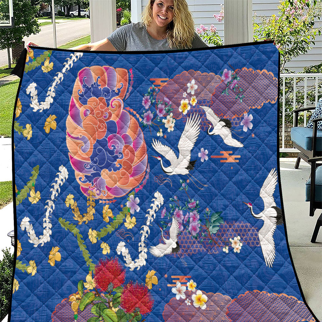Hawaiian and Japanese Culture Together Quilt Kakau Tribal Pattern and Irezumi Art Blue Color