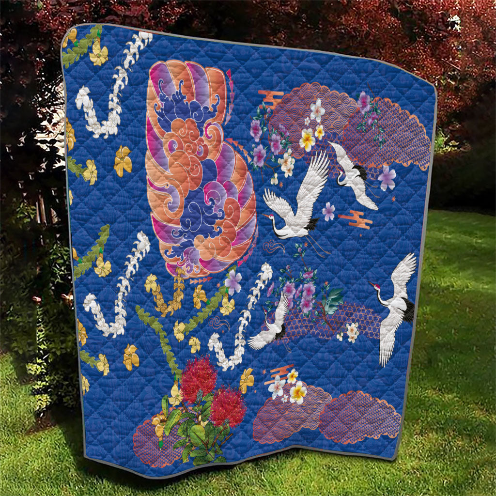 Hawaiian and Japanese Culture Together Quilt Kakau Tribal Pattern and Irezumi Art Blue Color