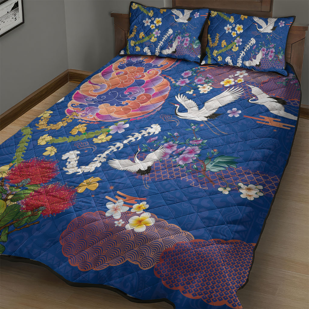 Hawaiian and Japanese Culture Together Quilt Bed Set Kakau Tribal Pattern and Irezumi Art Blue Color