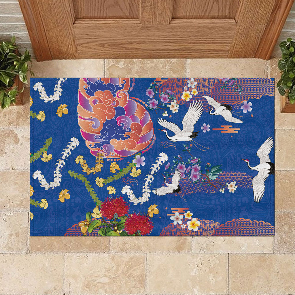 Hawaiian and Japanese Culture Together Rubber Doormat Kakau Tribal Pattern and Irezumi Art Blue Color