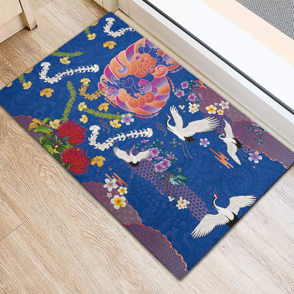 Hawaiian and Japanese Culture Together Rubber Doormat Kakau Tribal Pattern and Irezumi Art Blue Color