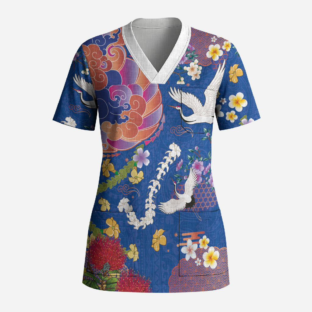 Hawaiian and Japanese Culture Together Scrub Top Kakau Tribal Pattern and Irezumi Art Blue Color