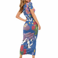 Hawaiian and Japanese Culture Together Short Sleeve Bodycon Dress Kakau Tribal Pattern and Irezumi Art Blue Color