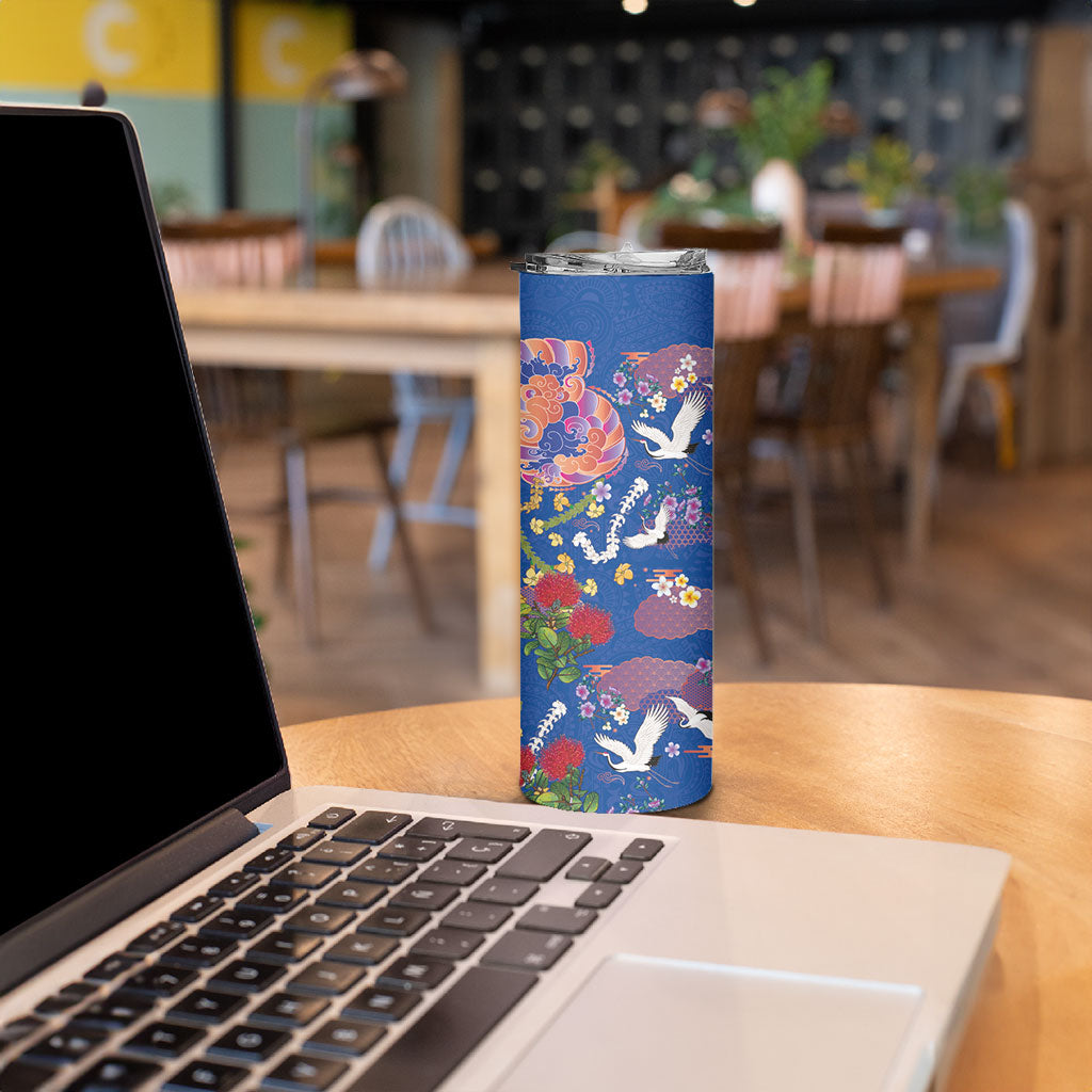 Hawaiian and Japanese Culture Together Skinny Tumbler Kakau Tribal Pattern and Irezumi Art Blue Color