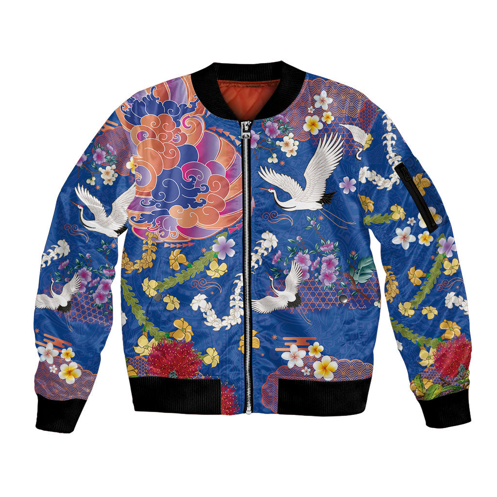 Hawaiian and Japanese Culture Together Sleeve Zip Bomber Jacket Kakau Tribal Pattern and Irezumi Art Blue Color LT03 Unisex Blue - Polynesian Pride