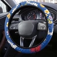 Hawaiian and Japanese Culture Together Steering Wheel Cover Kakau Tribal Pattern and Irezumi Art Blue Color