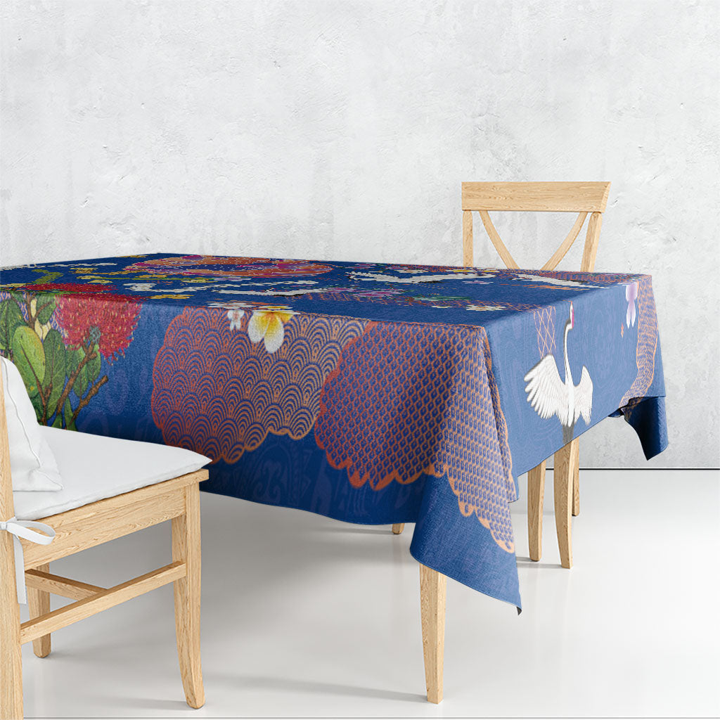 Hawaiian and Japanese Culture Together Tablecloth Kakau Tribal Pattern and Irezumi Art Blue Color