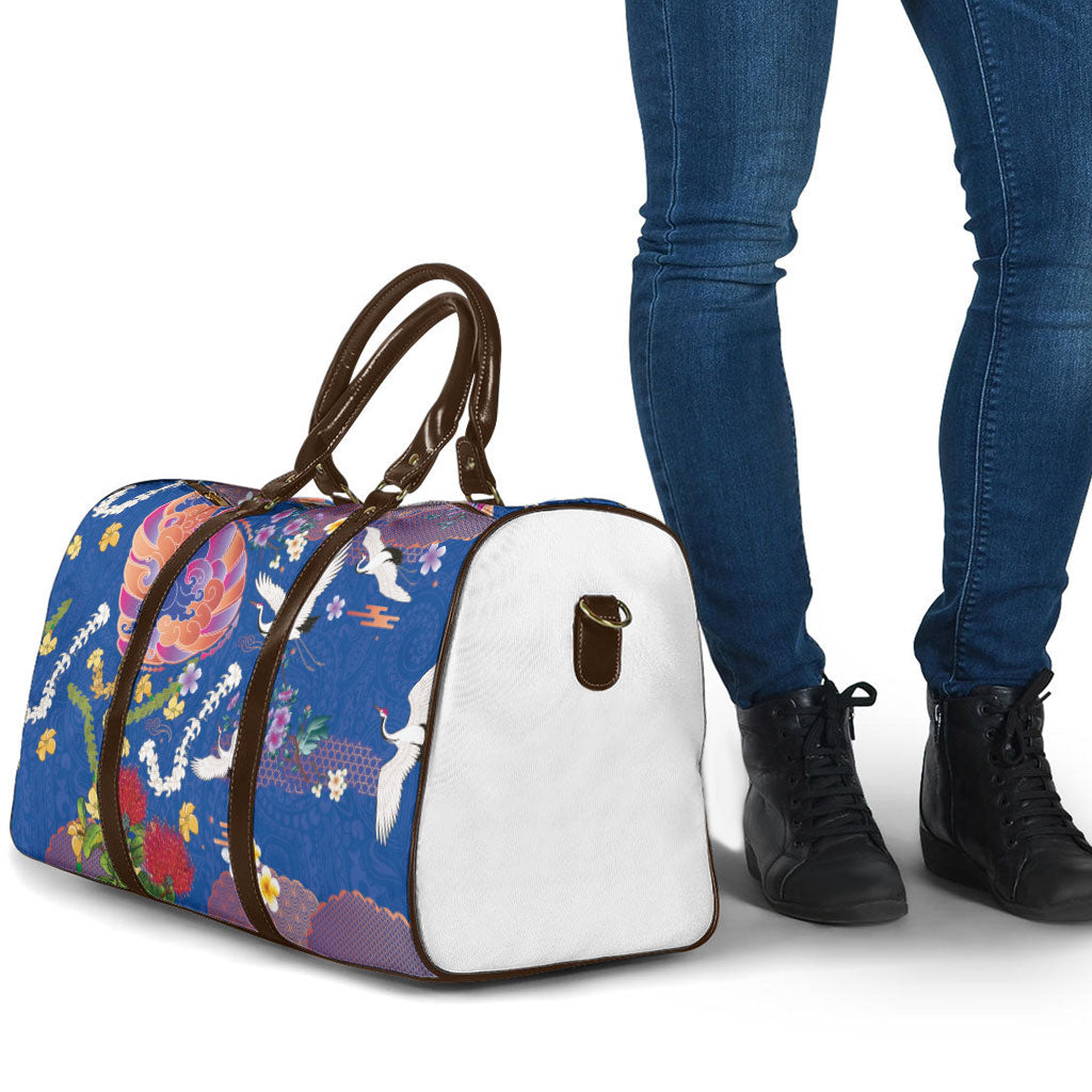 Hawaiian and Japanese Culture Together Travel Bag Kakau Tribal Pattern and Irezumi Art Blue Color