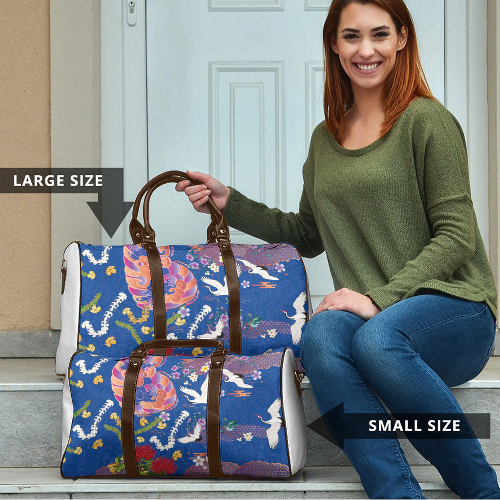 Hawaiian and Japanese Culture Together Travel Bag Kakau Tribal Pattern and Irezumi Art Blue Color