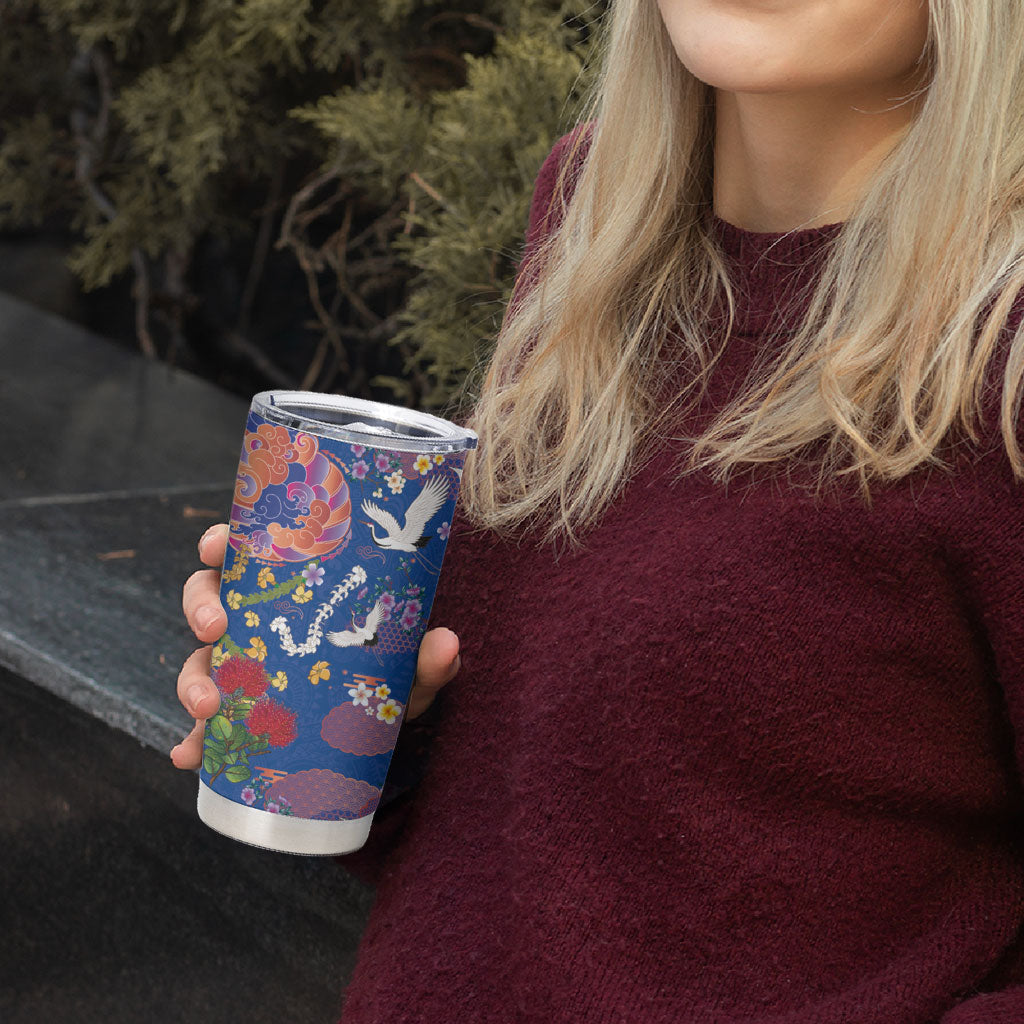 Hawaiian and Japanese Culture Together Tumbler Cup Kakau Tribal Pattern and Irezumi Art Blue Color LT03 - Polynesian Pride