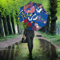 Hawaiian and Japanese Culture Together Umbrella Kakau Tribal Pattern and Irezumi Art Blue Color