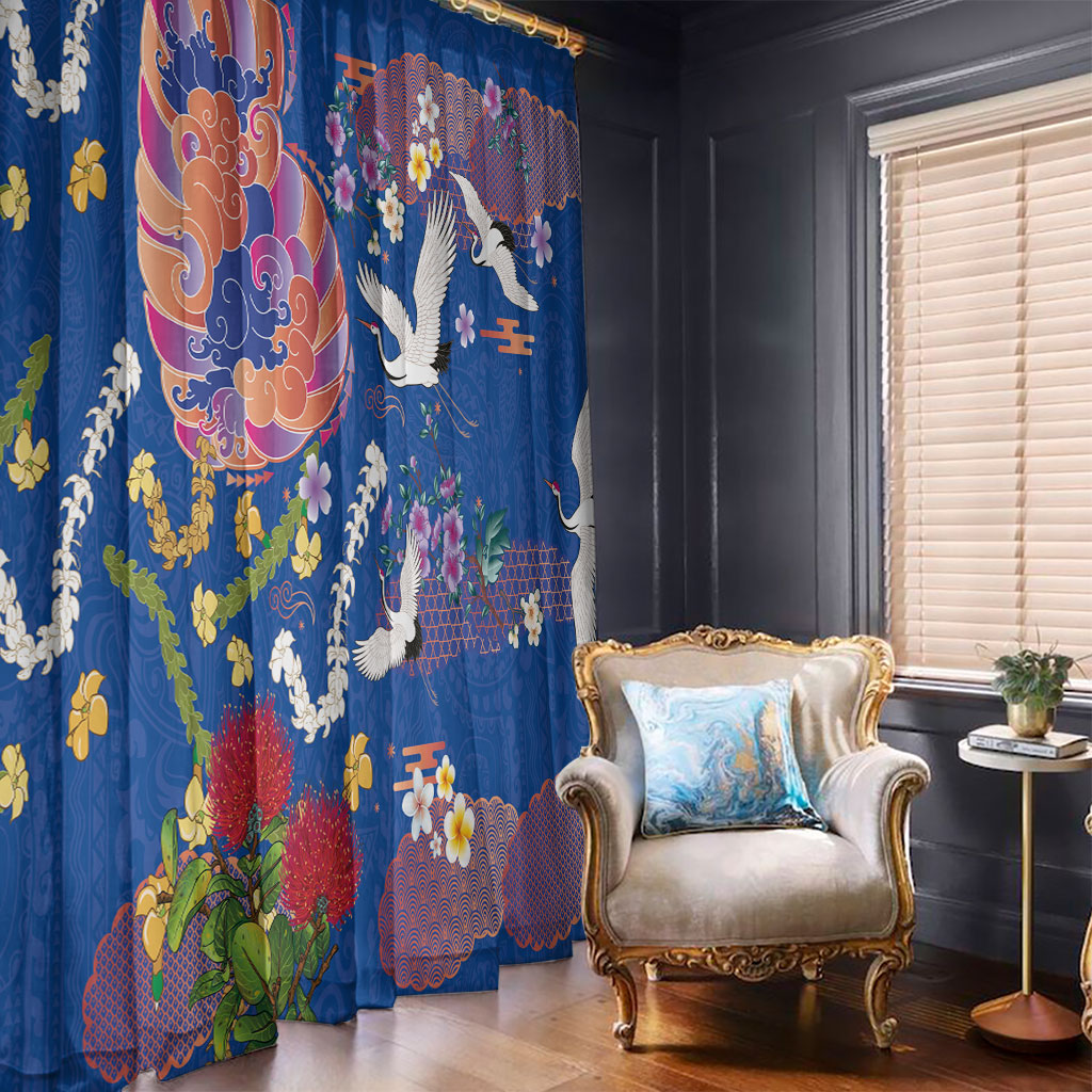 Hawaiian and Japanese Culture Together Window Curtain Kakau Tribal Pattern and Irezumi Art Blue Color