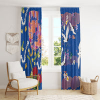 Hawaiian and Japanese Culture Together Window Curtain Kakau Tribal Pattern and Irezumi Art Blue Color