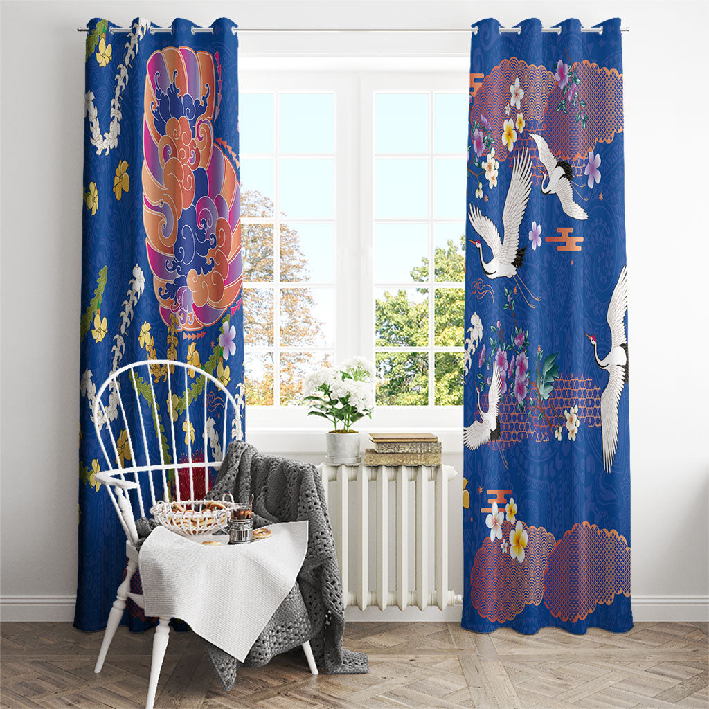 Hawaiian and Japanese Culture Together Window Curtain Kakau Tribal Pattern and Irezumi Art Blue Color