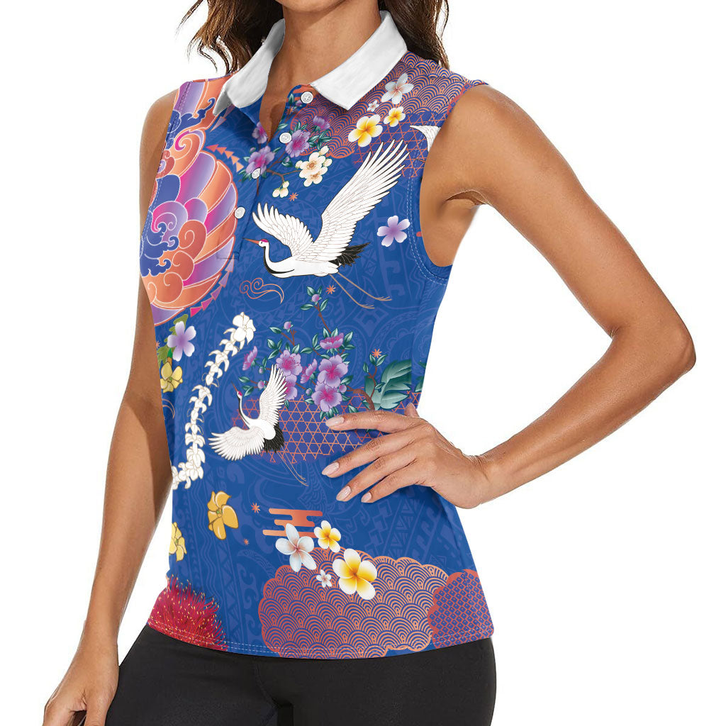 Hawaiian and Japanese Culture Together Women Sleeveless Polo Shirt Kakau Tribal Pattern and Irezumi Art Blue Color