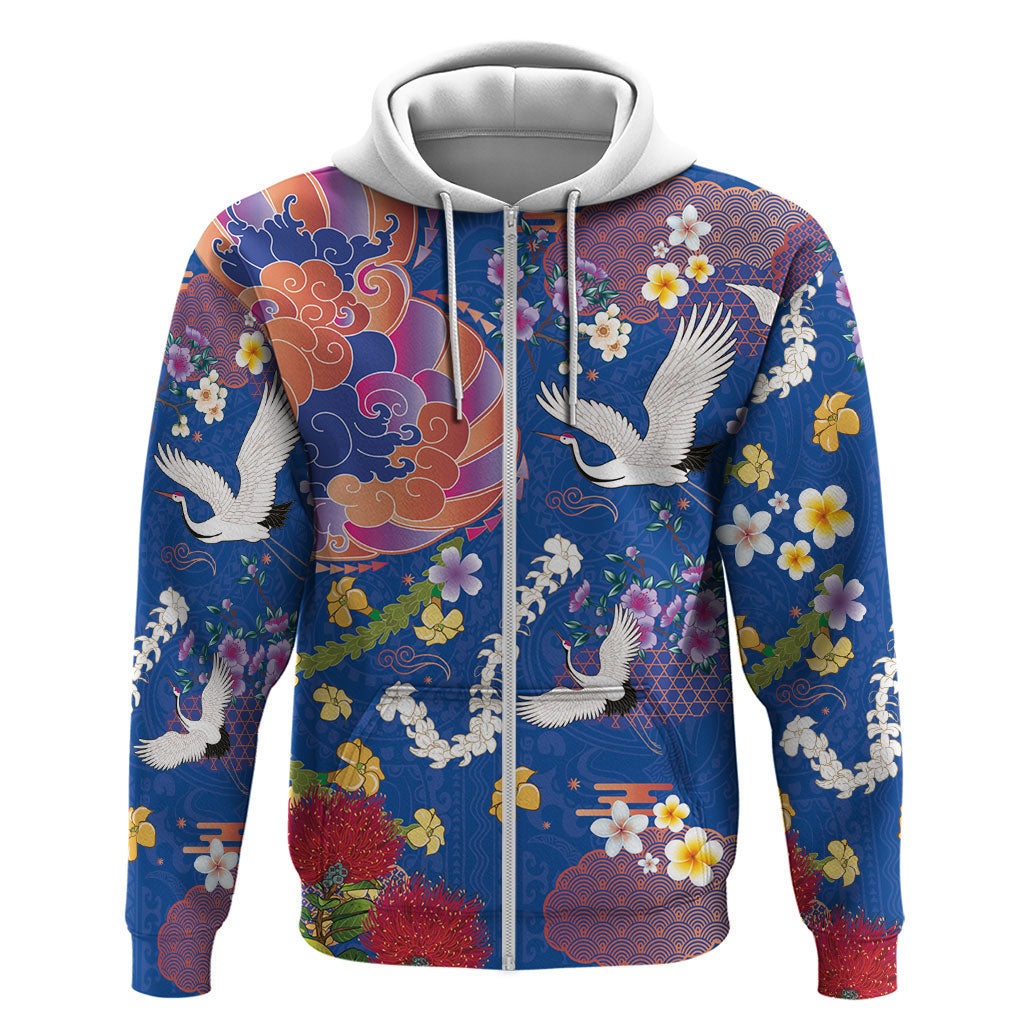 Hawaiian and Japanese Culture Together Zip Hoodie Kakau Tribal Pattern and Irezumi Art Blue Color LT03 Zip Hoodie Blue - Polynesian Pride