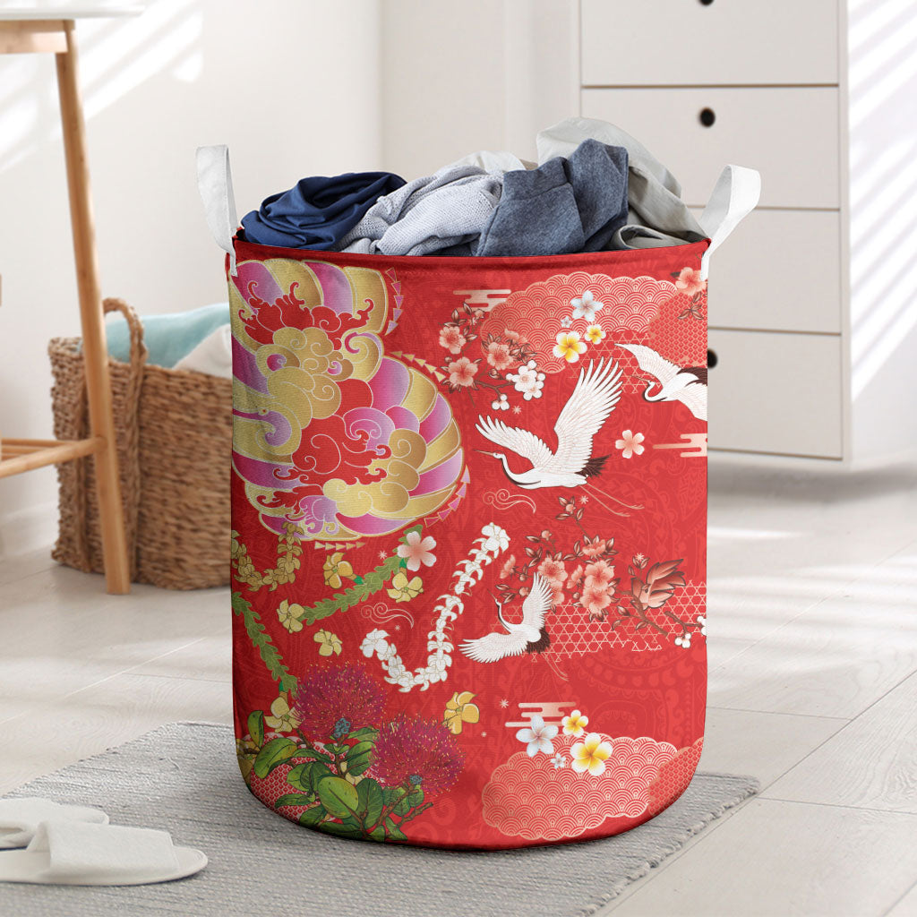 Hawaiian and Japanese Culture Together Laundry Basket Kakau Tribal Pattern and Irezumi Art Red Color