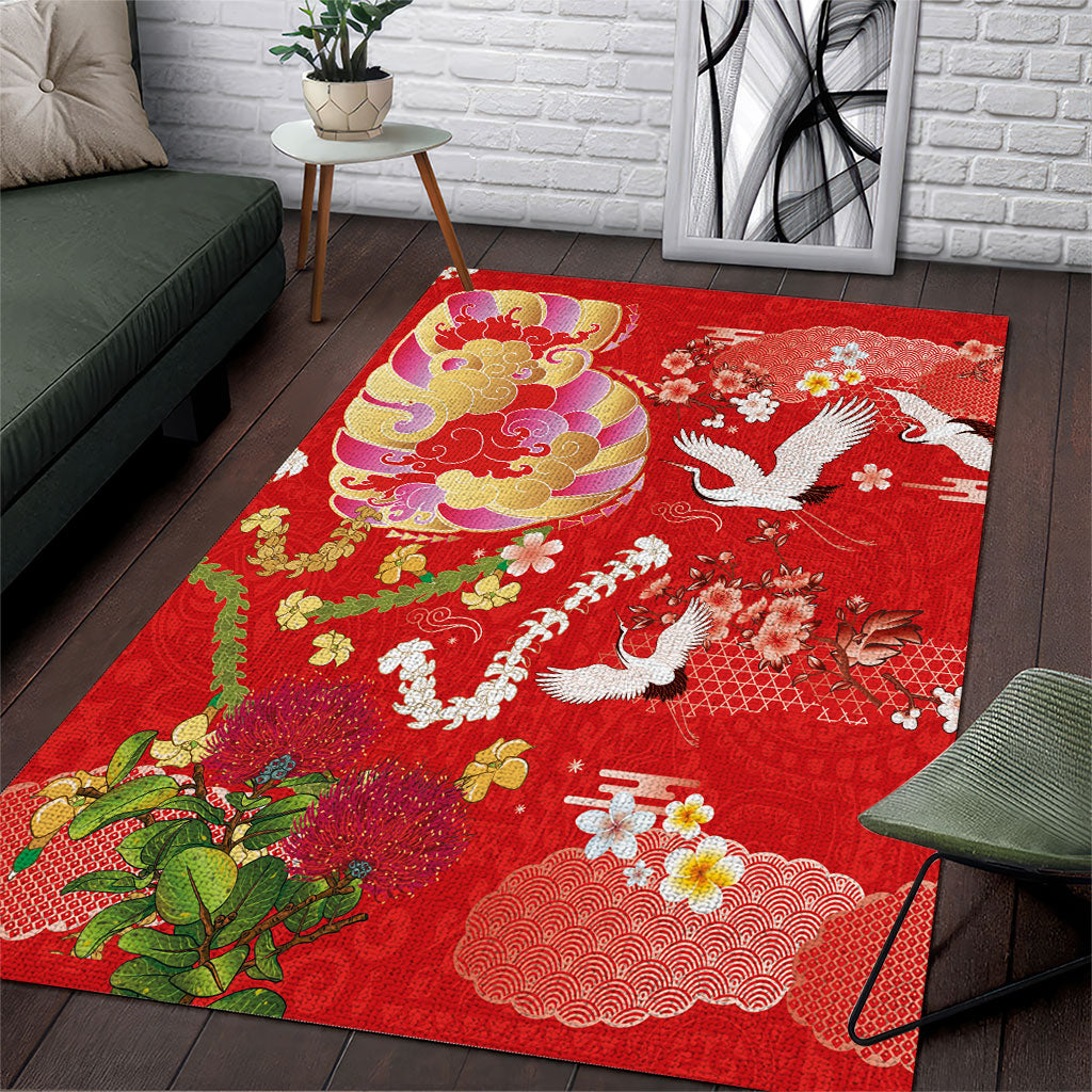 Hawaiian and Japanese Culture Together Area Rug Kakau Tribal Pattern and Irezumi Art Red Color