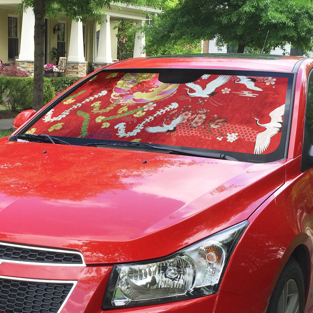 Hawaiian and Japanese Culture Together Auto Sun Shade Kakau Tribal Pattern and Irezumi Art Red Color