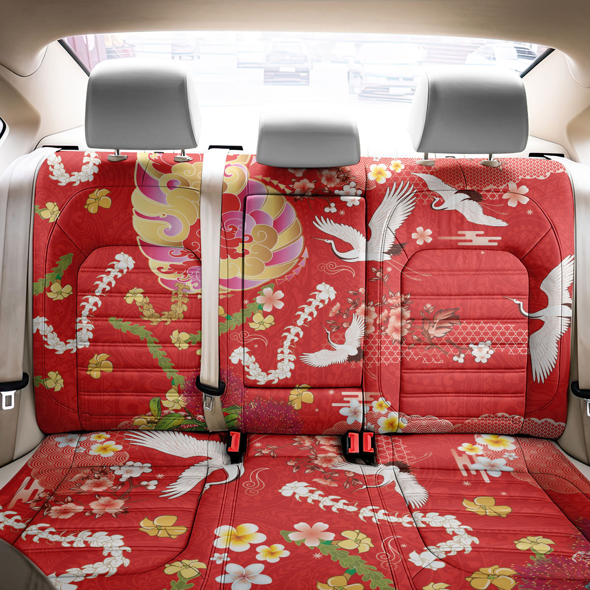 Hawaiian and Japanese Culture Together Back Car Seat Cover Kakau Tribal Pattern and Irezumi Art Red Color LT03 - Polynesian Pride
