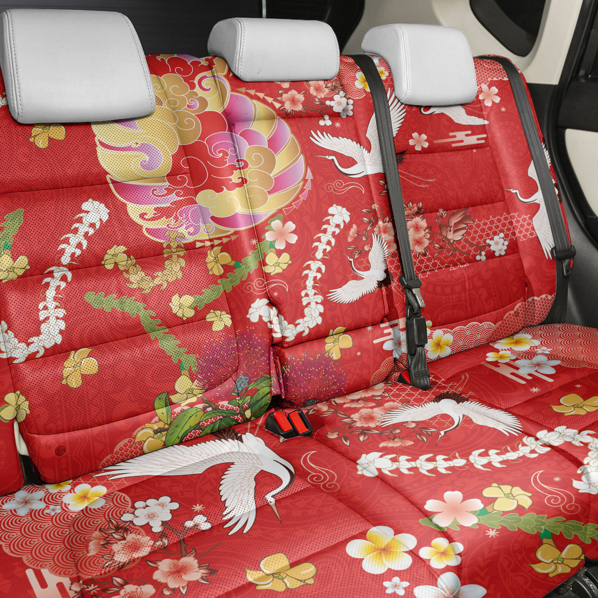 Hawaiian and Japanese Culture Together Back Car Seat Cover Kakau Tribal Pattern and Irezumi Art Red Color LT03 - Polynesian Pride