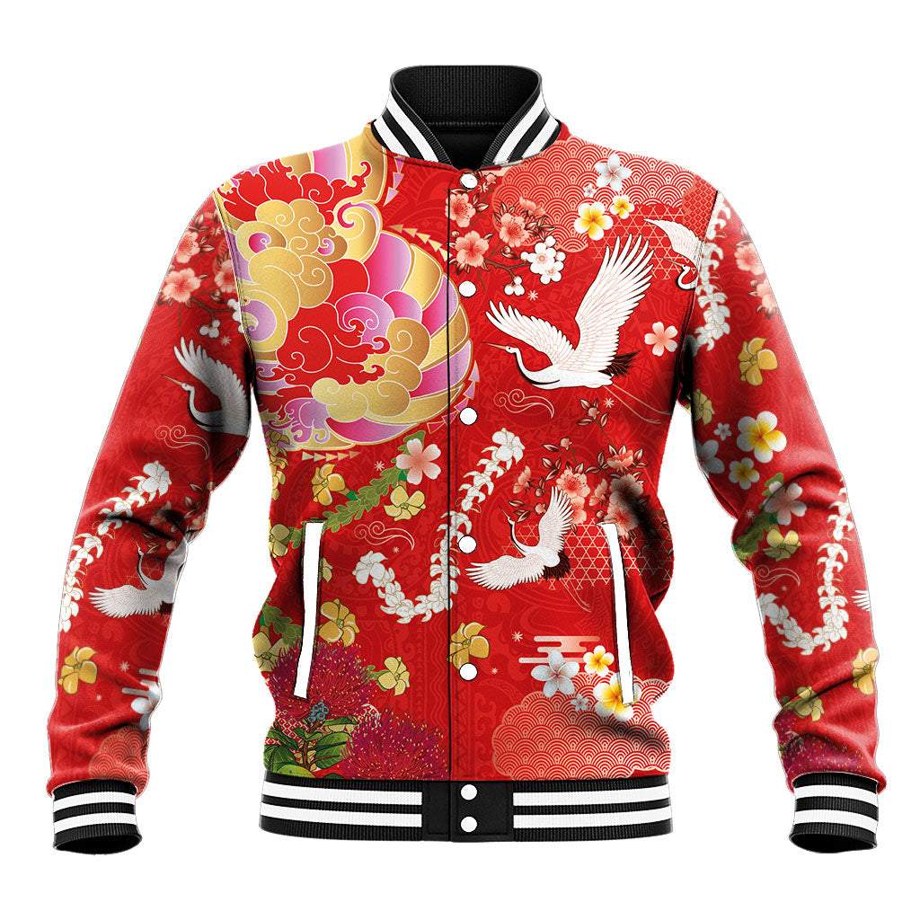 Hawaiian and Japanese Culture Together Baseball Jacket Kakau Tribal Pattern and Irezumi Art Red Color