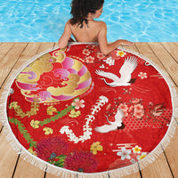 Hawaiian and Japanese Culture Together Beach Blanket Kakau Tribal Pattern and Irezumi Art Red Color