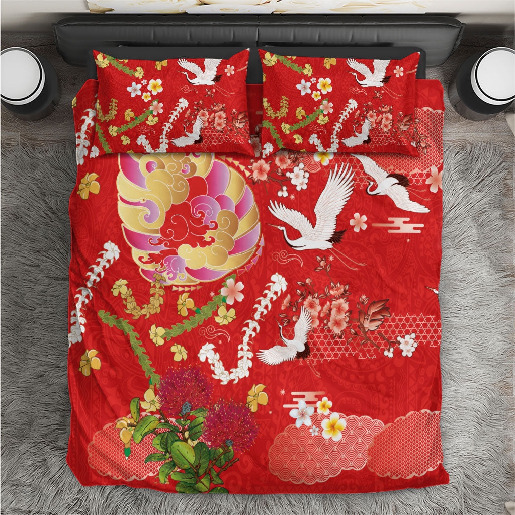 Hawaiian and Japanese Culture Together Bedding Set Kakau Tribal Pattern and Irezumi Art Red Color