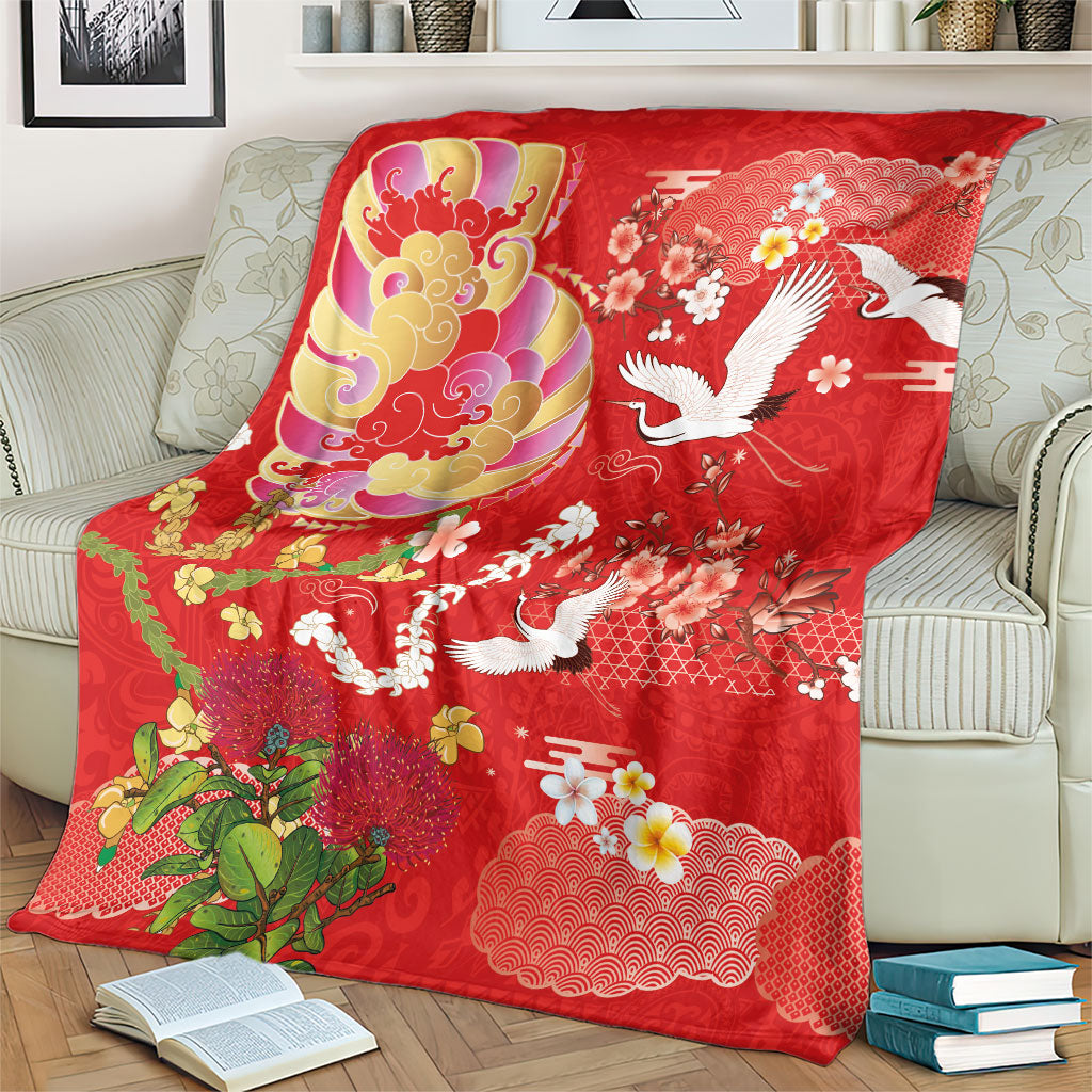 Hawaiian and Japanese Culture Together Blanket Kakau Tribal Pattern and Irezumi Art Red Color