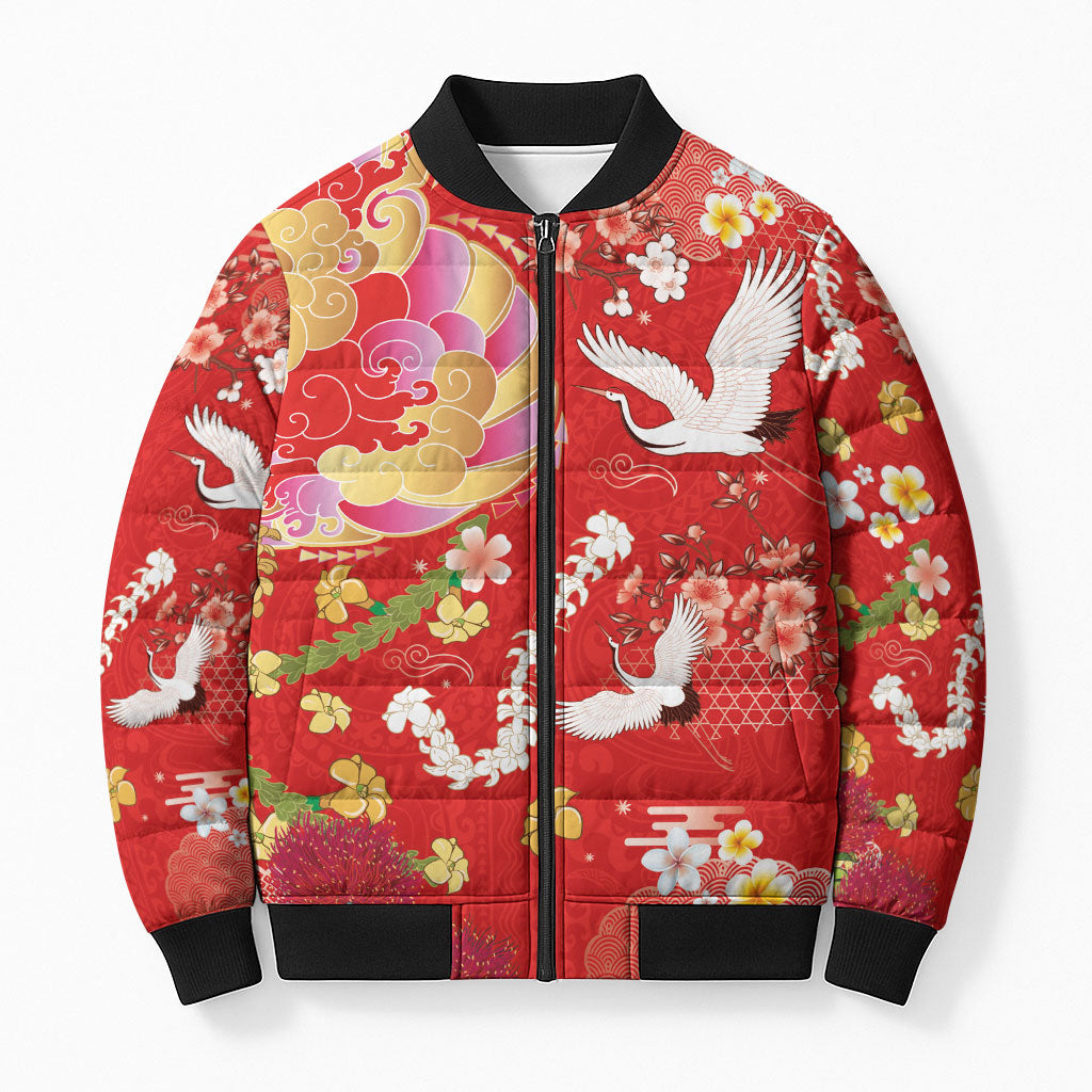 Hawaiian and Japanese Culture Together Bomber Puffer Jacket Kakau Tribal Pattern and Irezumi Art Red Color LT03 Unisex Red - Polynesian Pride