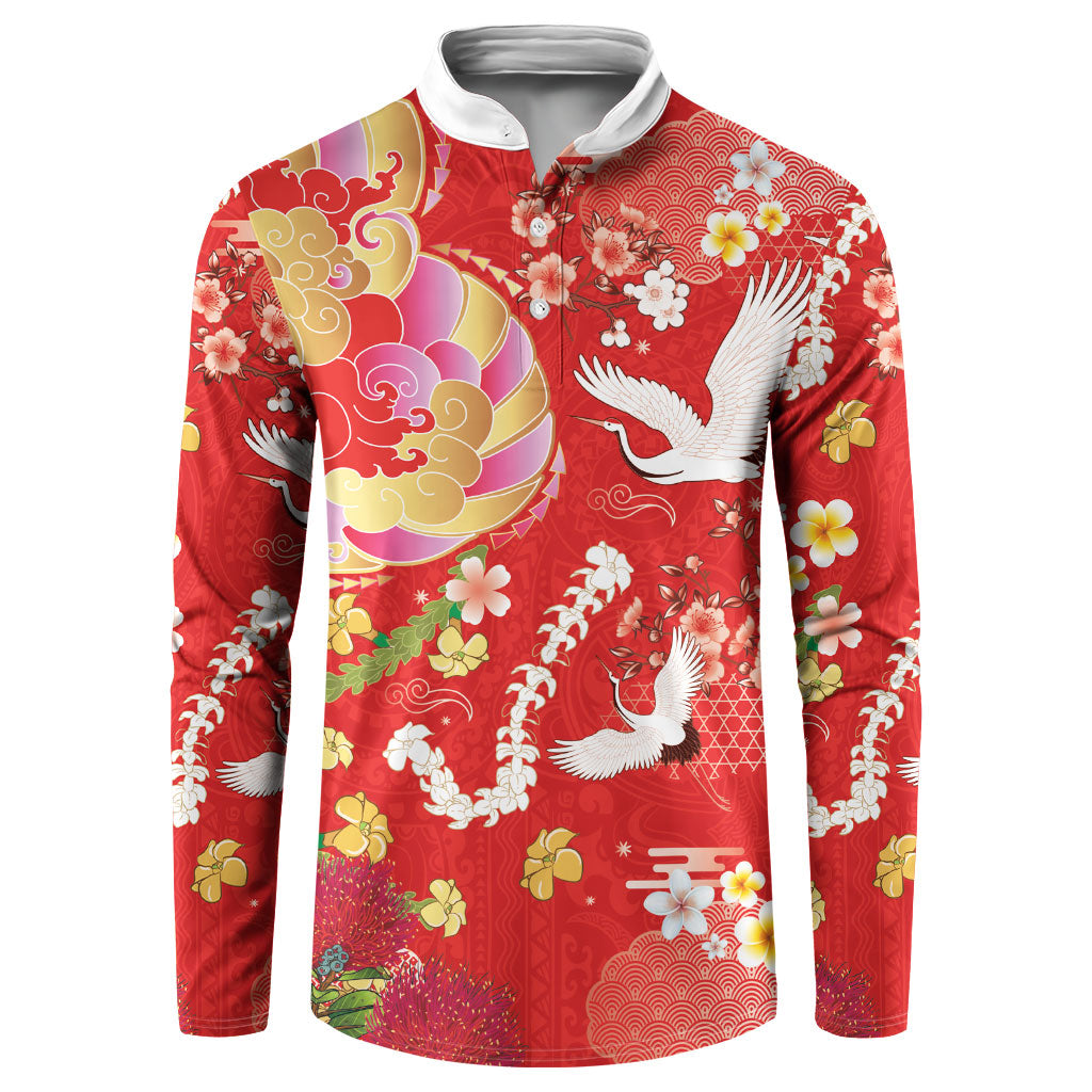 Hawaiian and Japanese Culture Together Button Sweatshirt Kakau Tribal Pattern and Irezumi Art Red Color LT03 Red - Polynesian Pride