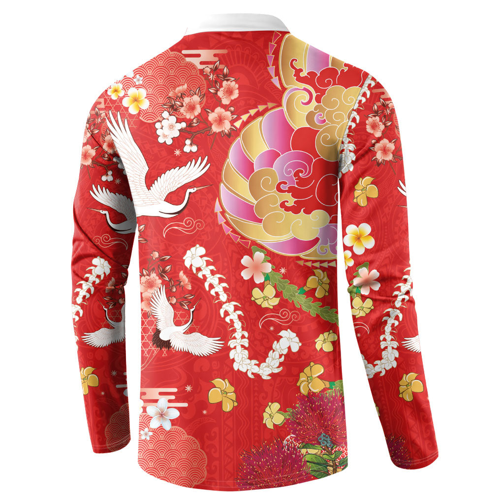 Hawaiian and Japanese Culture Together Button Sweatshirt Kakau Tribal Pattern and Irezumi Art Red Color