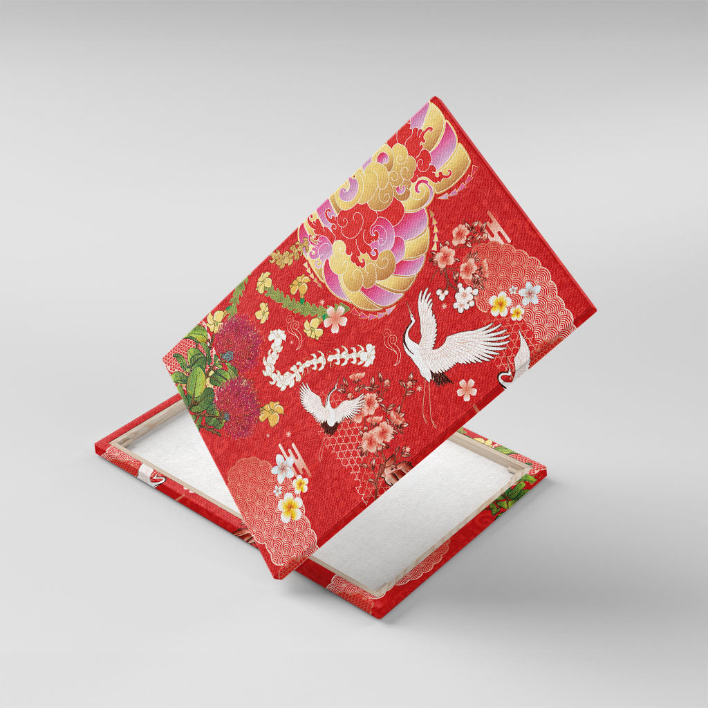 Hawaiian and Japanese Culture Together Canvas Wall Art Kakau Tribal Pattern and Irezumi Art Red Color