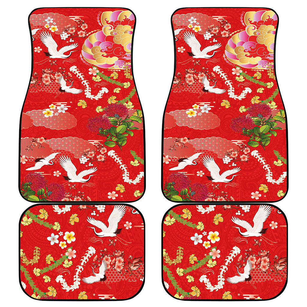 Hawaiian and Japanese Culture Together Car Mats Kakau Tribal Pattern and Irezumi Art Red Color