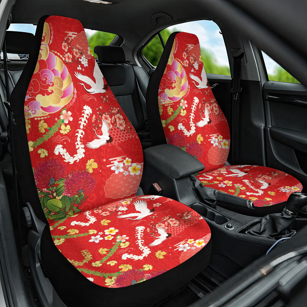 Hawaiian and Japanese Culture Together Car Seat Cover Kakau Tribal Pattern and Irezumi Art Red Color
